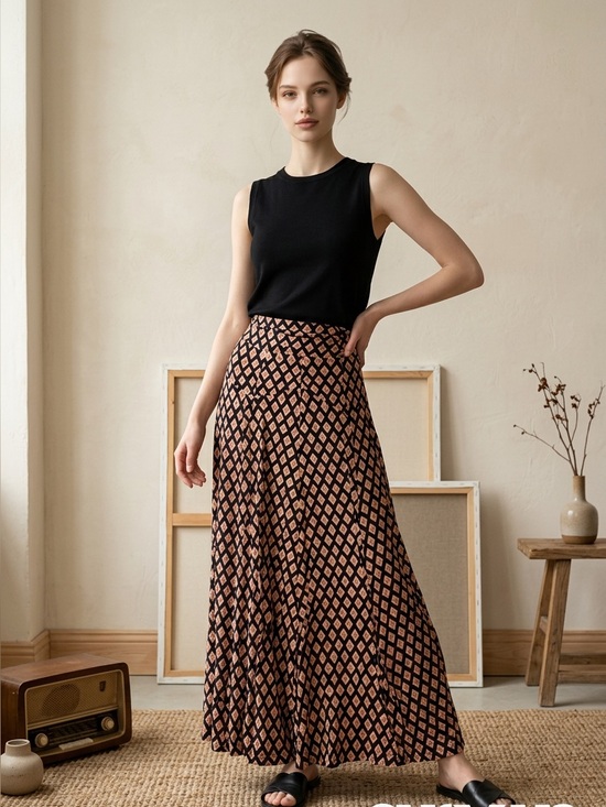 Anthropologie Dresses & Skirts - Anthropologie Maxi Skirt Black Motif (Orange/White) Long Flowy Skirt Size XS